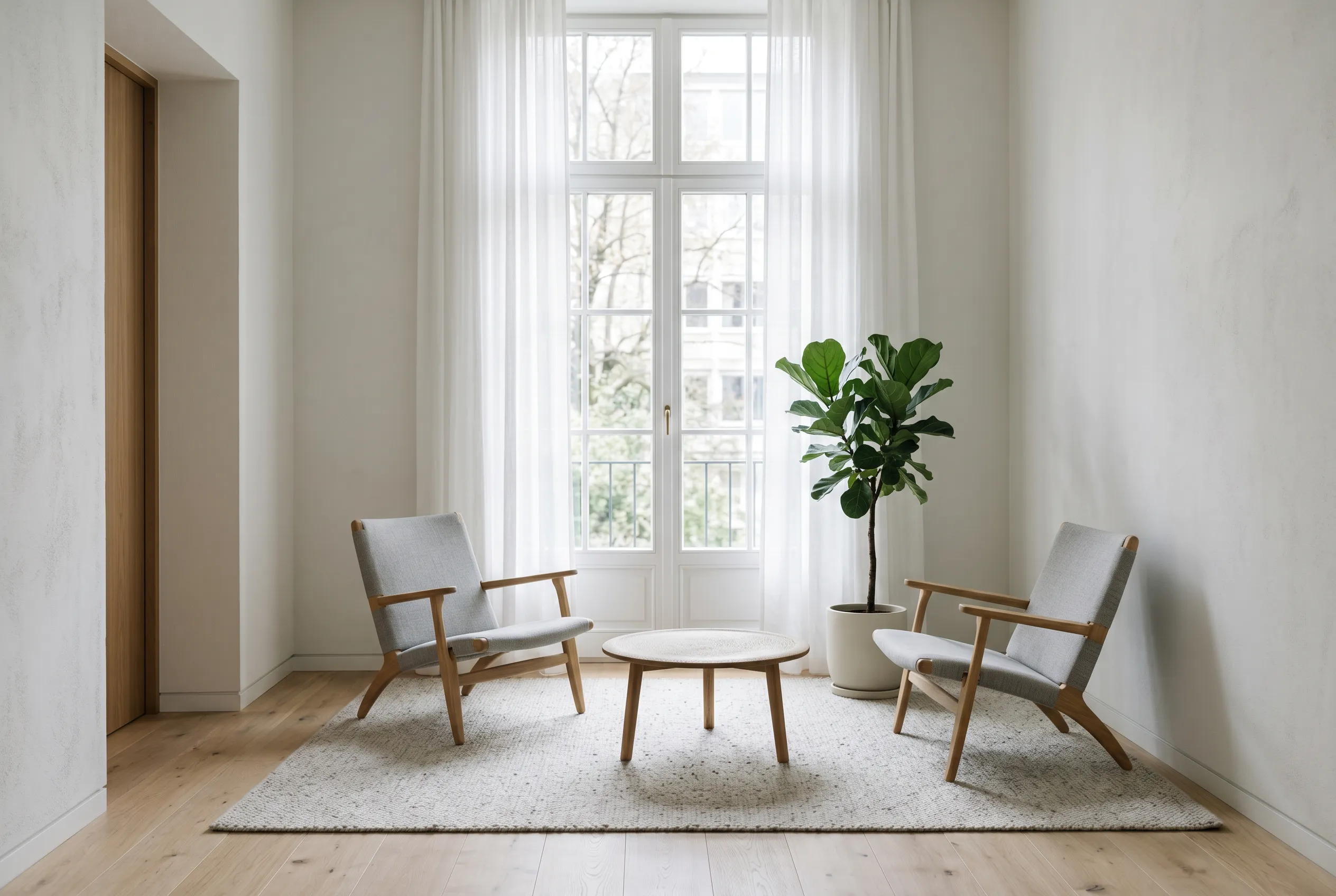 Ein ruhiger, heller Raum mit zwei einander zugewandten Stühlen an einem hohen Fenster